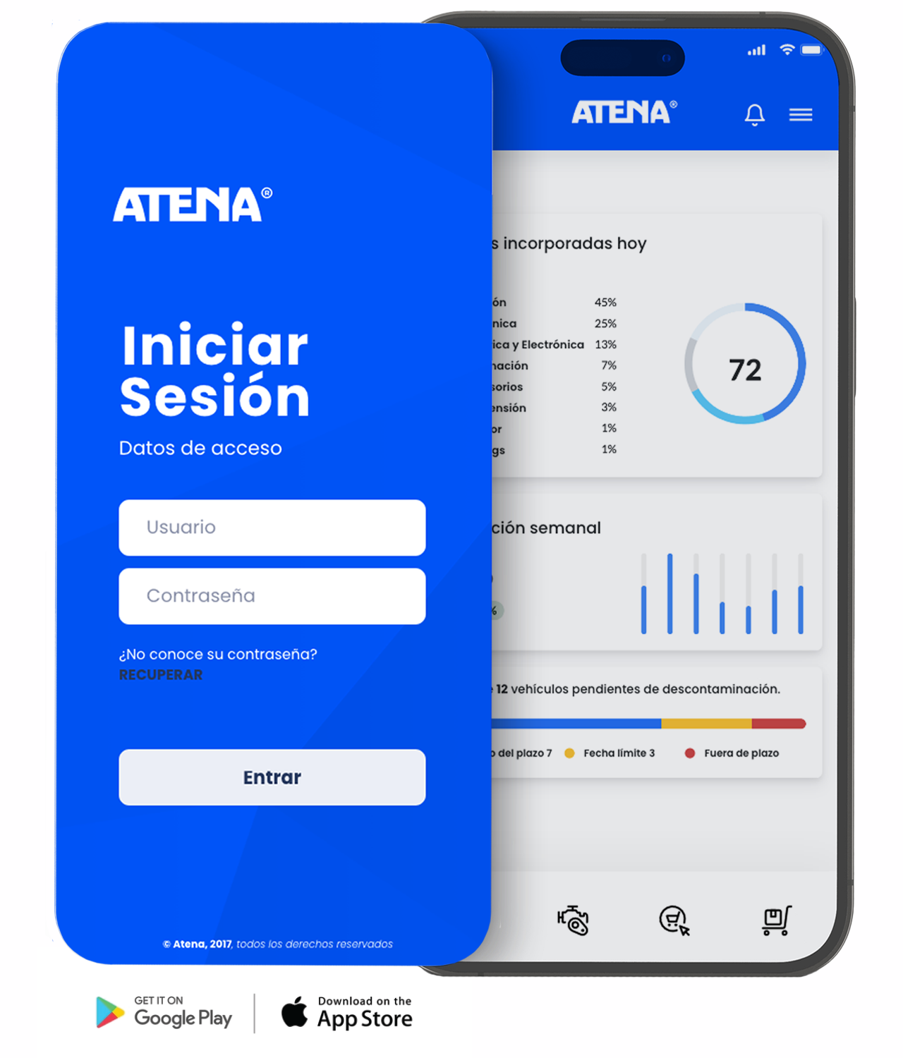 App Atena en el móvil — pantallas de login y de panel