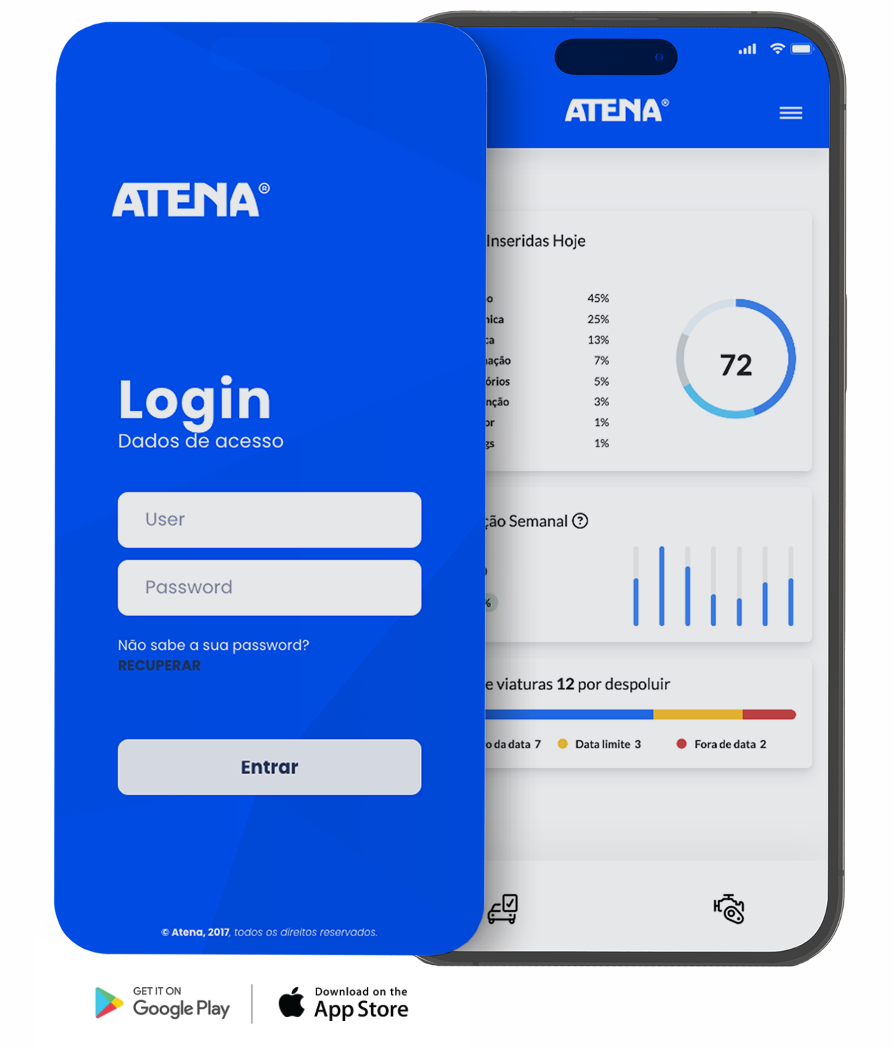 App Atena no telemóvel — ecrãs de login e de dashboard
